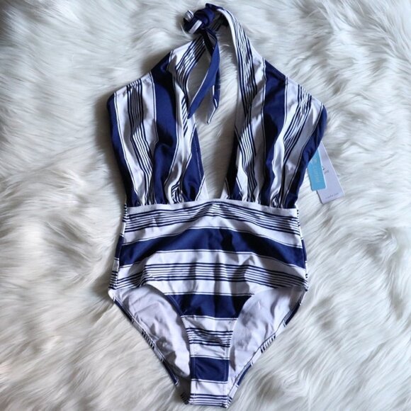 NEW White Blue Striped Wrap Cutout One Piece Bathing Suit Size Small - Picture 3 of 7